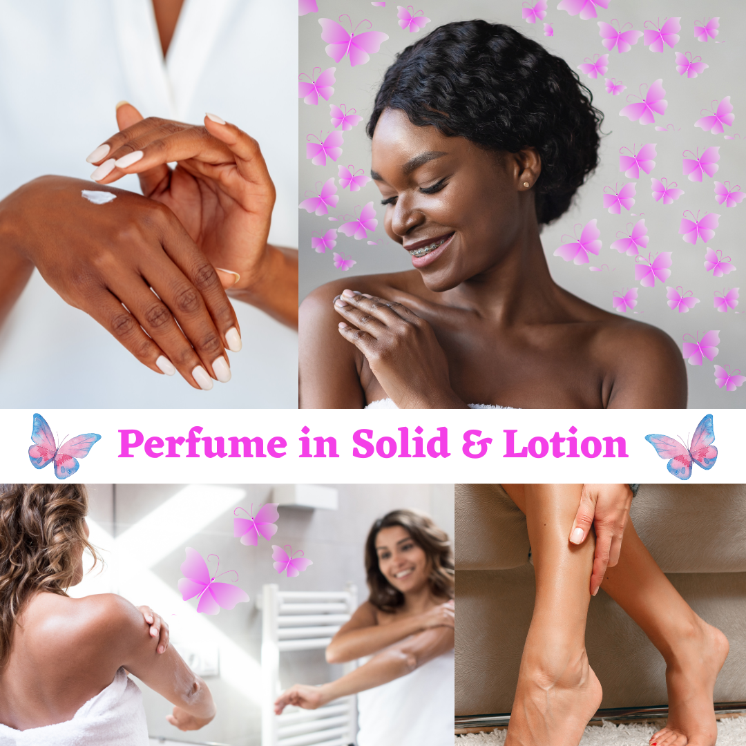 A number of beautiful, smiling Black, Multi-cultural & Caucasian women apply "I'm Delish" lotion perfume from shoulder to ankle after their bathe. 