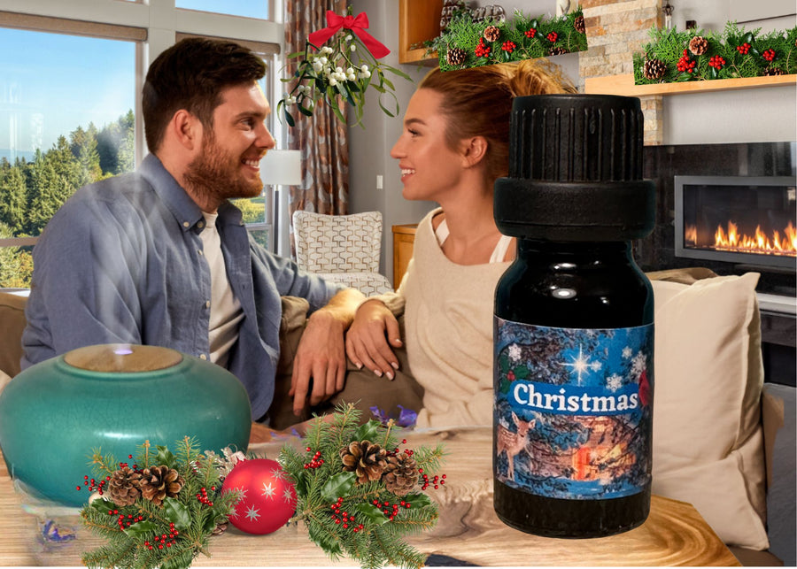 Couple gaze lovingly while "Smells Like Christmas 100% essential oil perfume wafts from diffuser