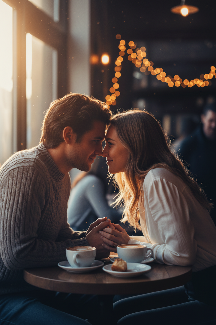 A young couple casually dressed in jeans and sweaters lean  over the cafe' table nose to nose, looking deeply into each other's eyes, not noticing anyone or anything around them. There are Fall orange decor lights in the cafe' and the late afternoon light is dimming outside as their frothy coffees sit untouched. They are locked into each other's presence, warmly, lovingly and nothing else matters in this moment. 
